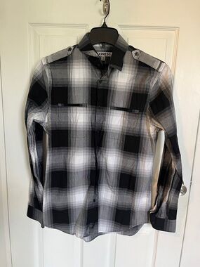 Express Men’s Black & White Plaid Button-Down Shirt